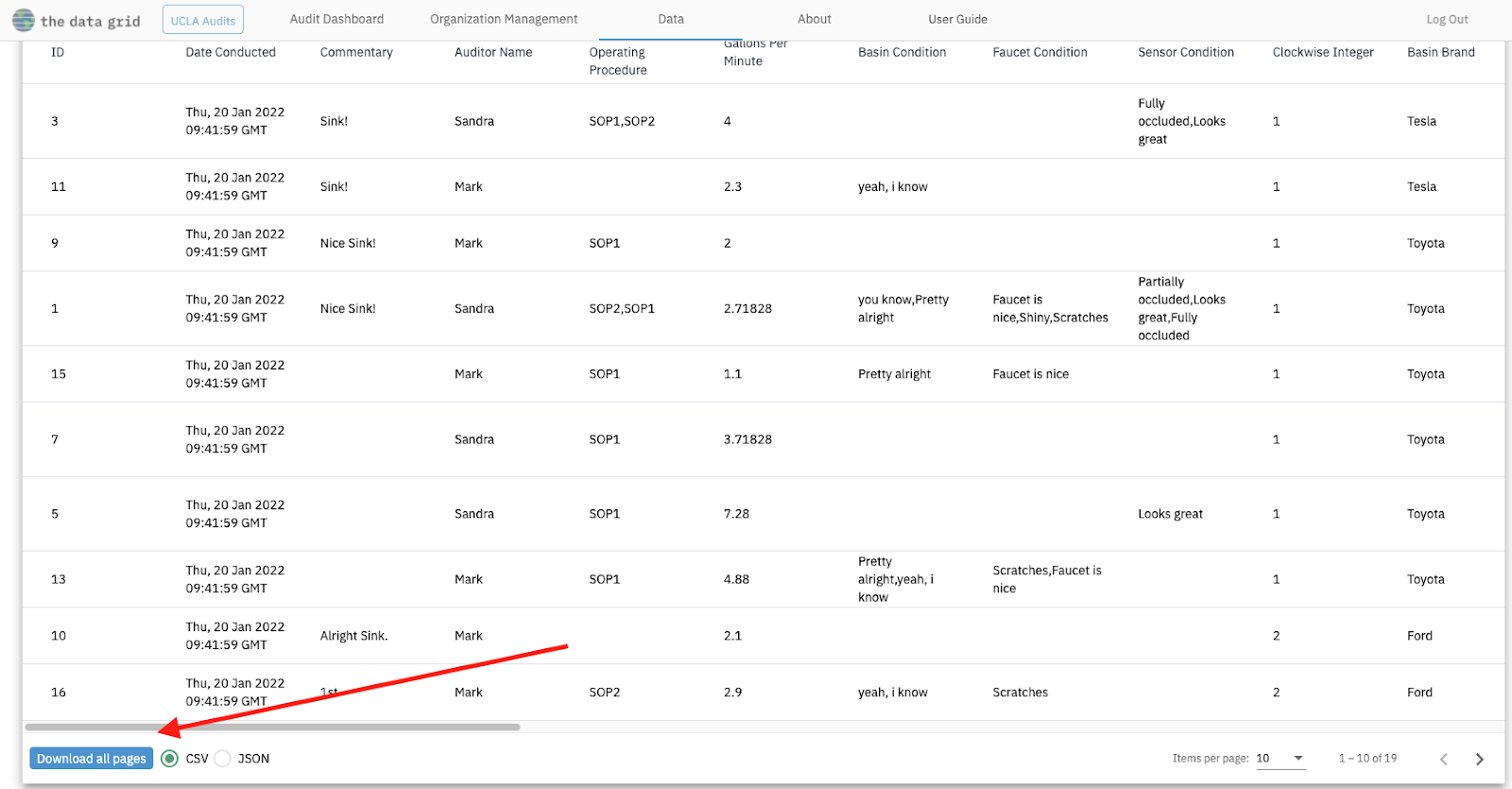 Screencap of the results table